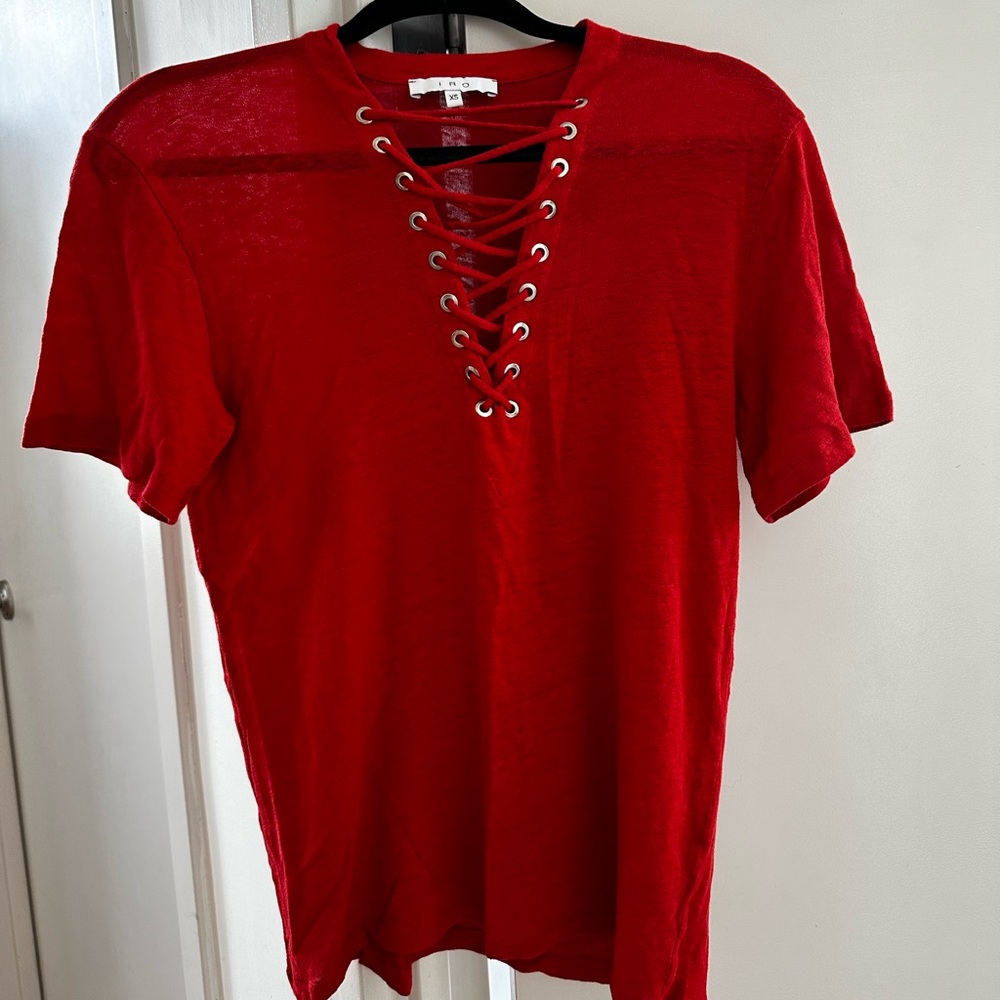 IRO Red Linen Silver Grommet V Neck T-shirt, Size XS, NWOT!